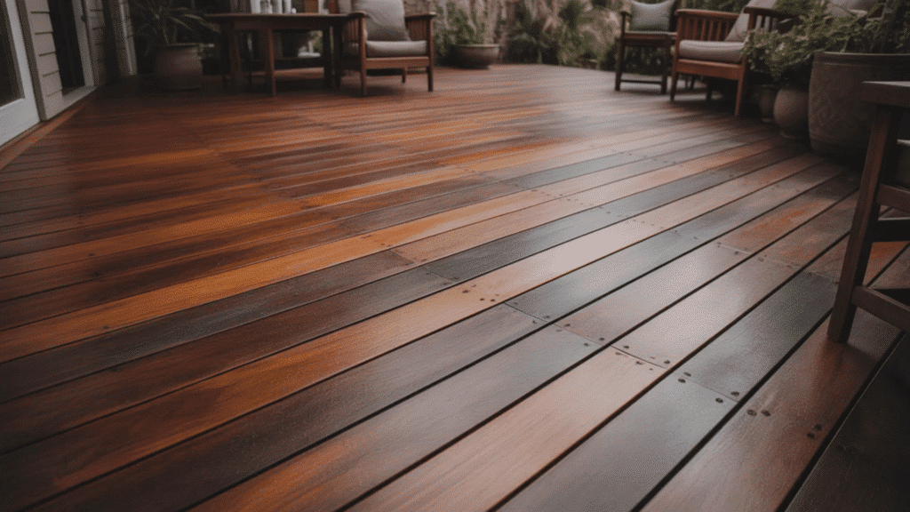 dark-stained wood deck with rich, even color and subtle grain