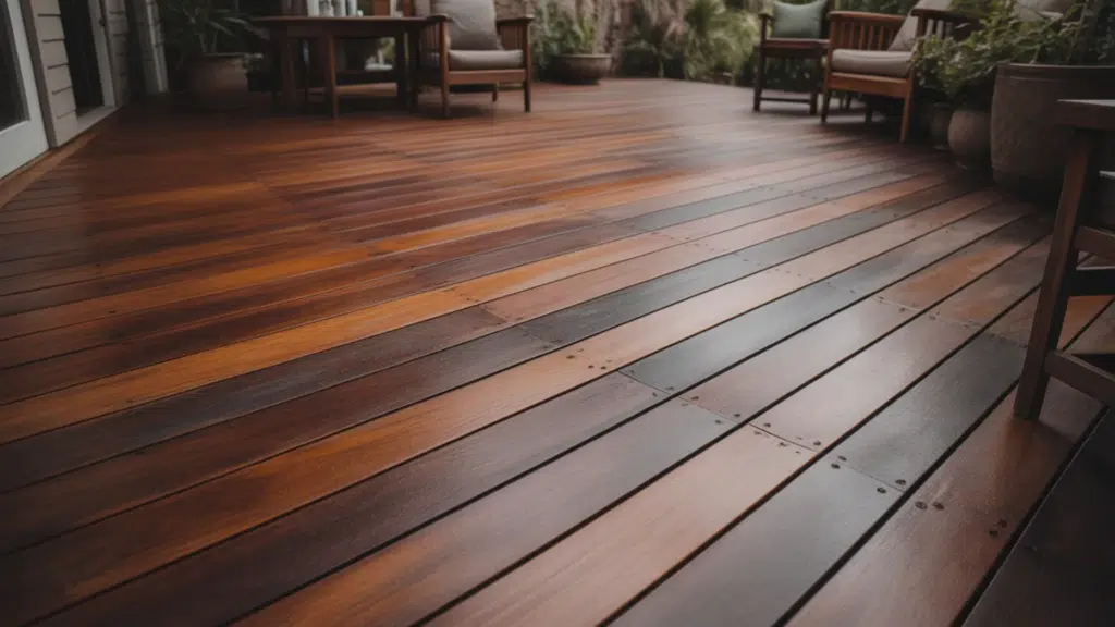 dark-stained wood deck with rich, even color and subtle grain
