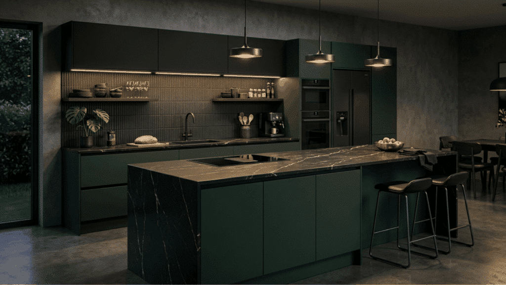 dark theme modular kitchen using deep tones like black or navy for a bold and modern statement look