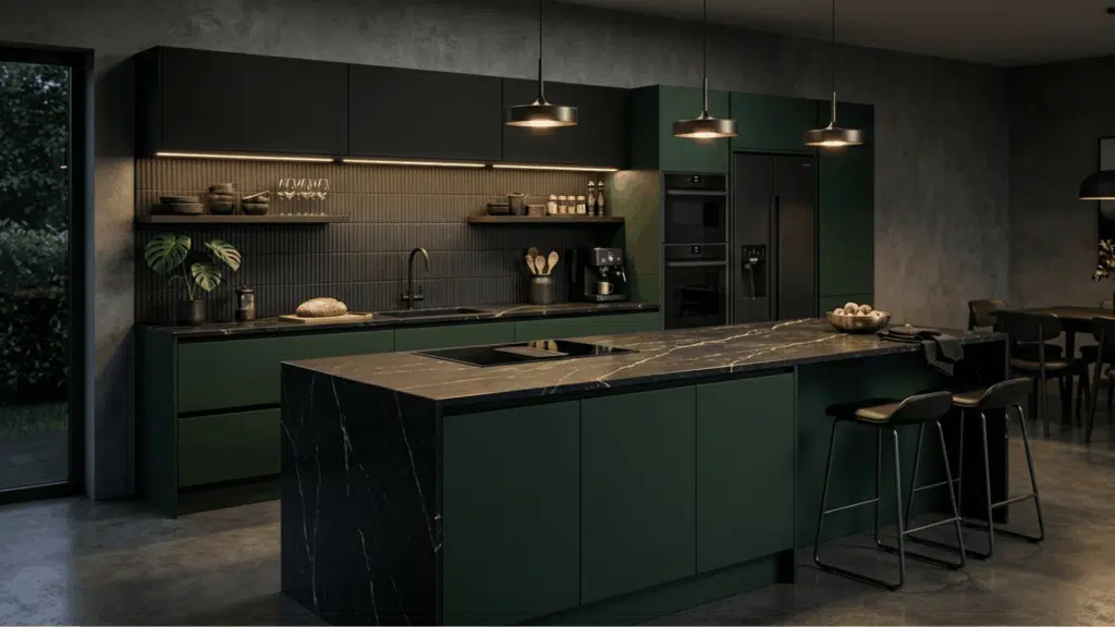 dark theme modular kitchen using deep tones like black or navy for a bold and modern statement look