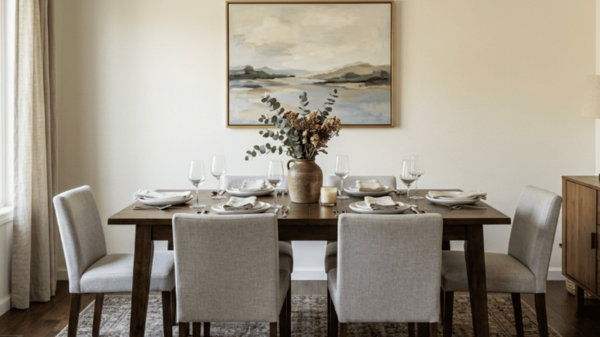 dark wood dining table with gray chairs abstract art and a gold lamp in a bright neutral room with eggshell paint