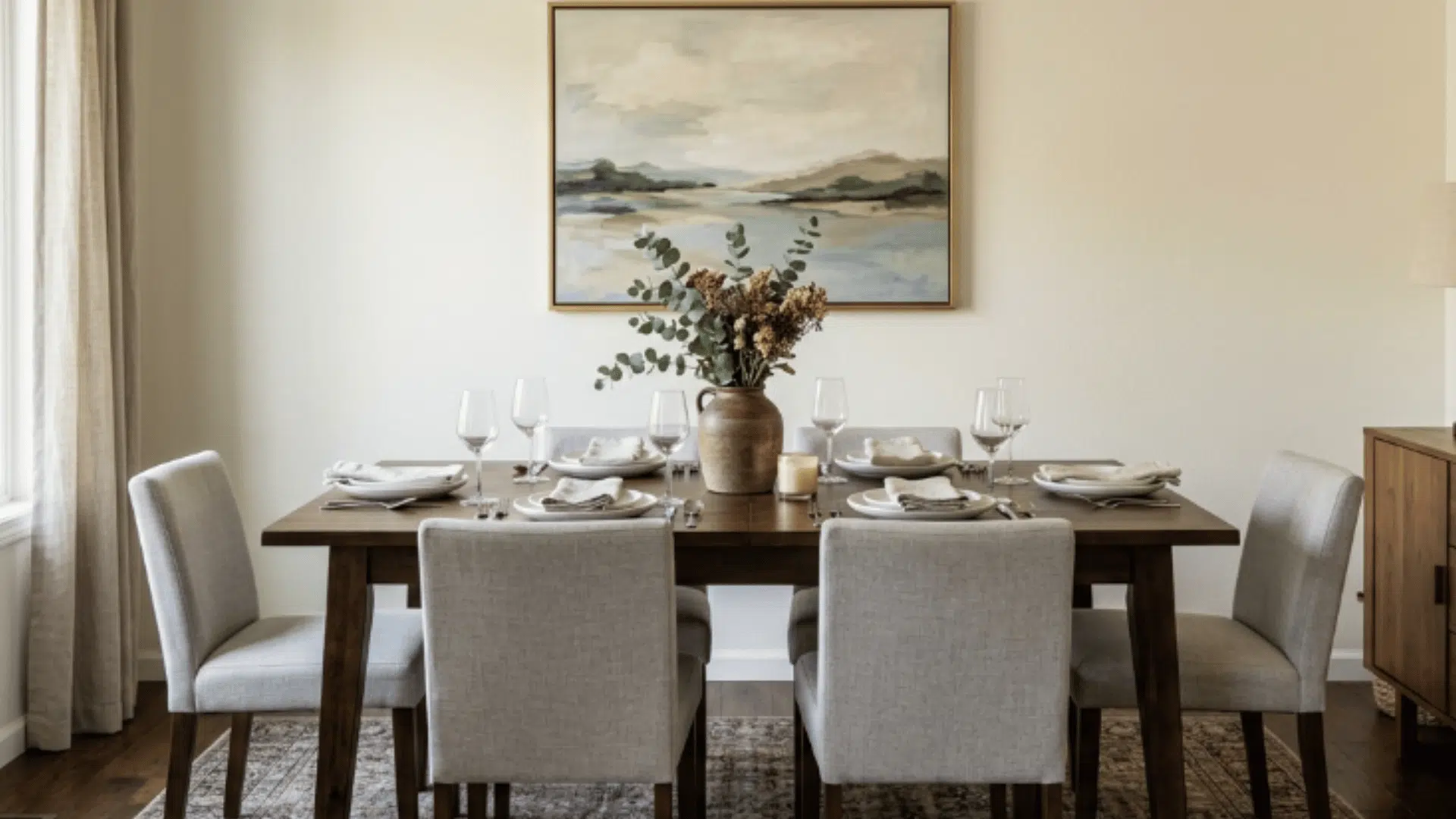 dark wood dining table with gray chairs abstract art and a gold lamp in a bright neutral room with eggshell paint