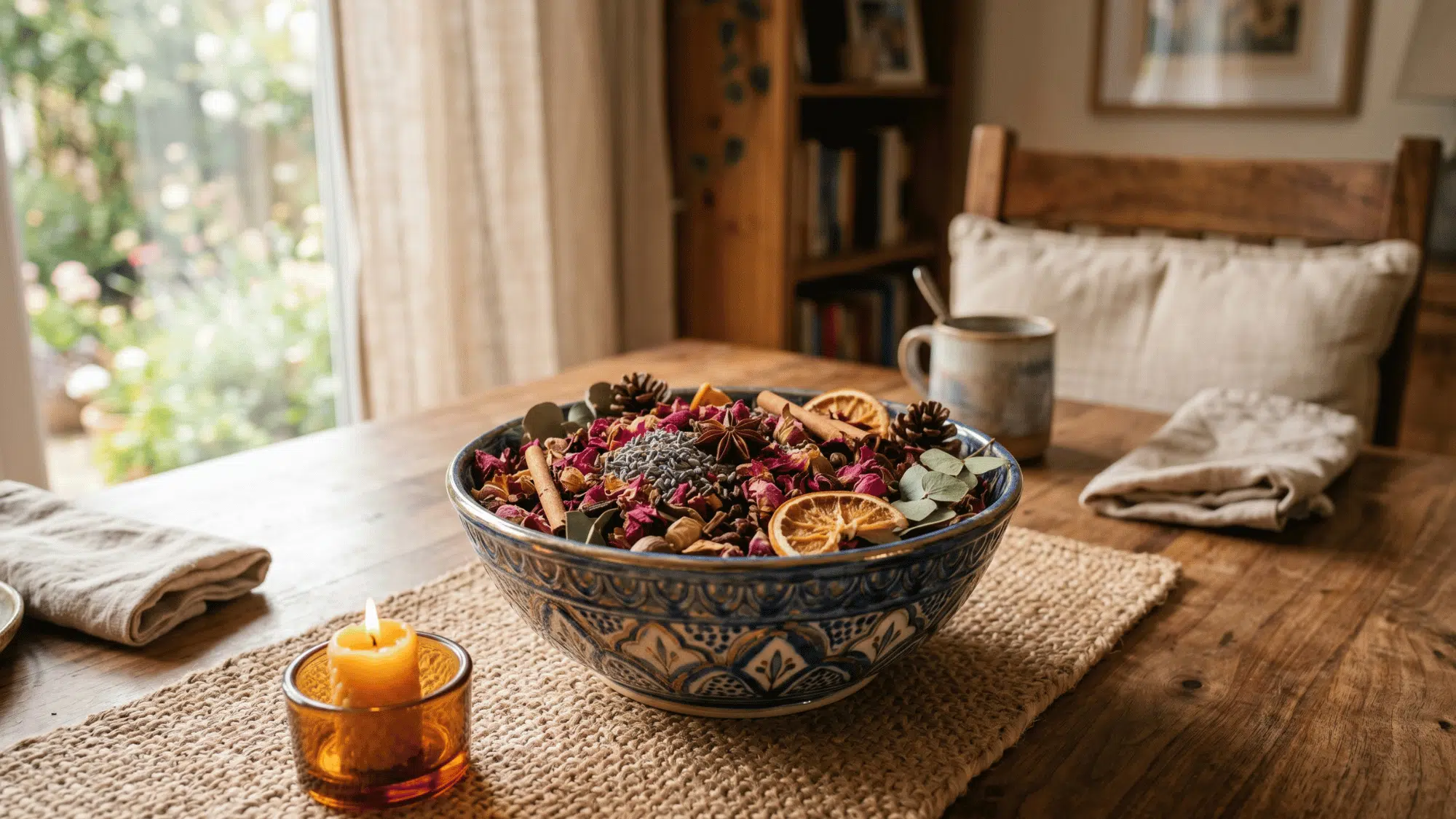 decorative bowl filled with potpourri on dining table, soft natural light