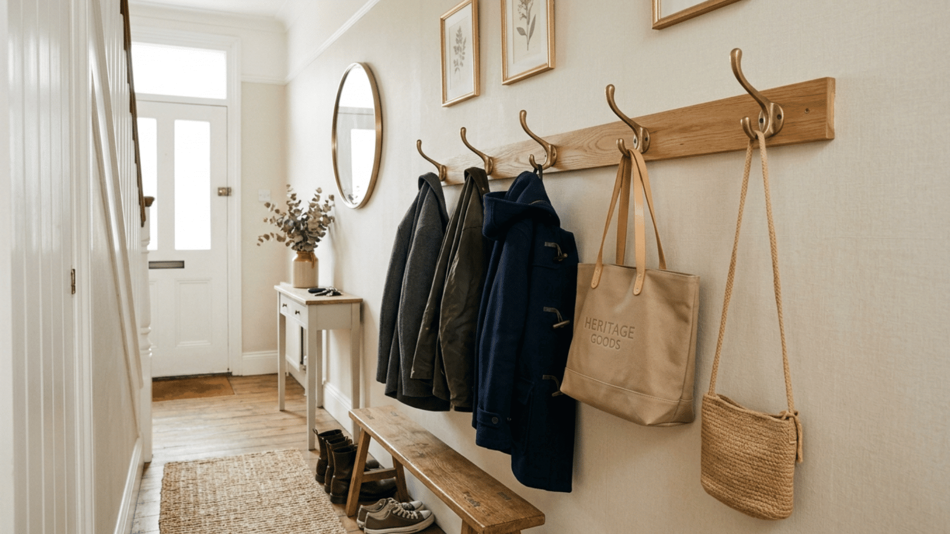 Decorative wall hooks in hallway holding coats and bags in an organized way