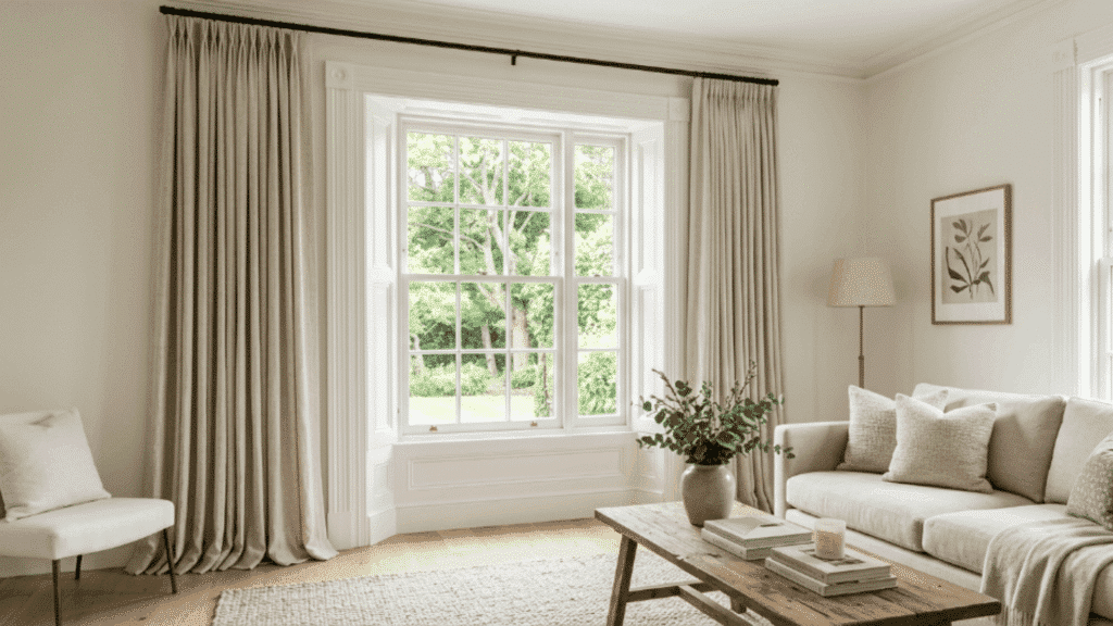 decorative window trim paired with floor to ceiling curtains makes the room feel taller brighter