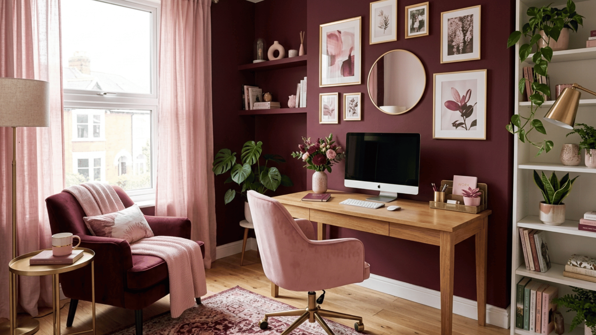 deep burgundy and petal pink office space with warm tones and stylish decor