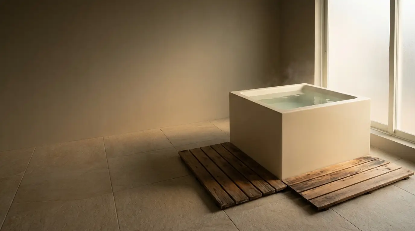 Minimalist square bathtub with steaming water on wooden platform in serene indoor setting