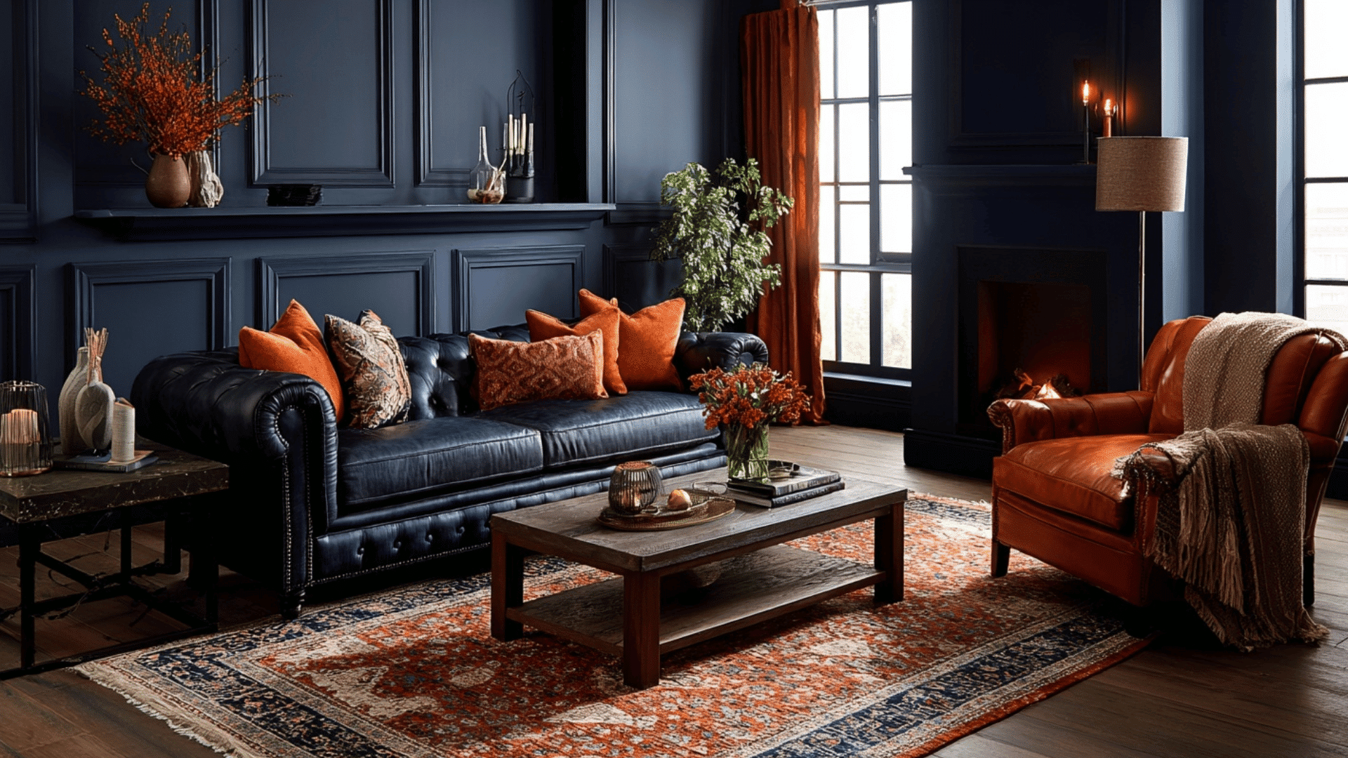 Deep navy on the walls paired with burnt orange cushions
