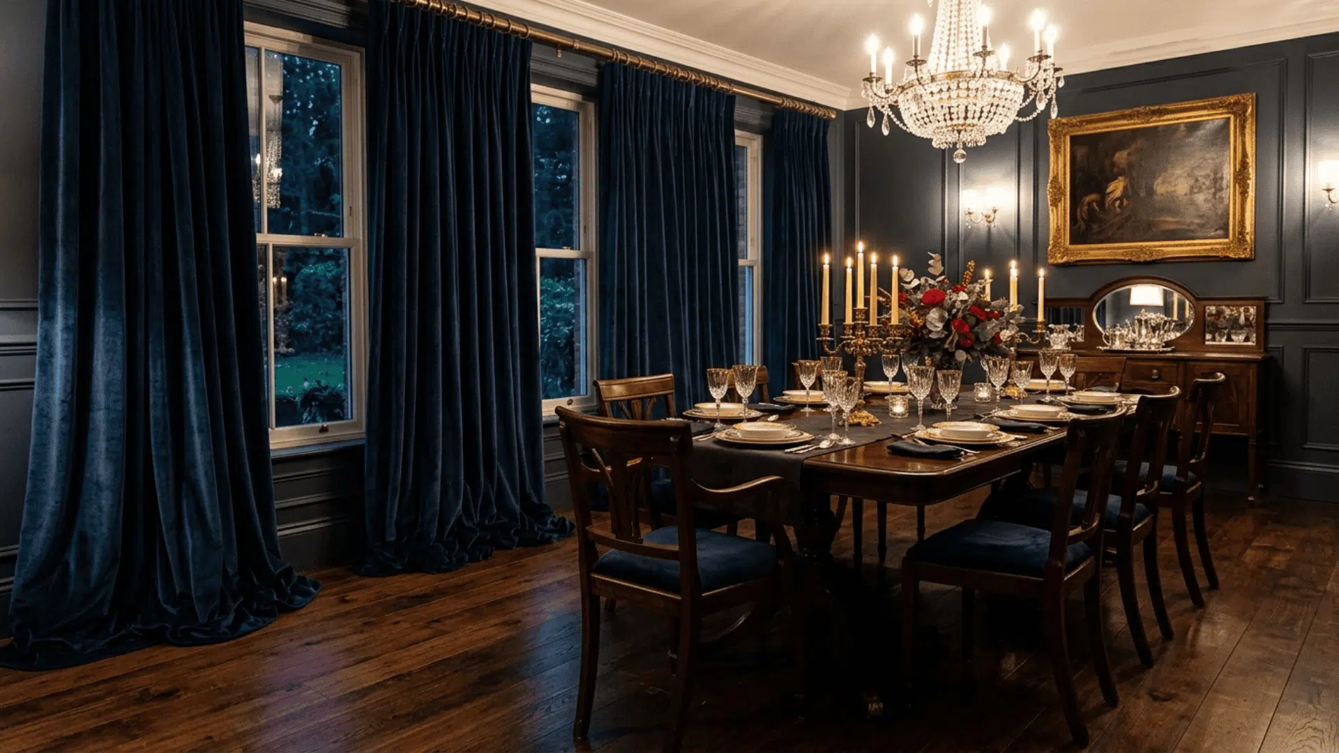 deep navy velvet curtains pooling on dark hardwood floor in a formal dining room with dramatic lighting and rich textures