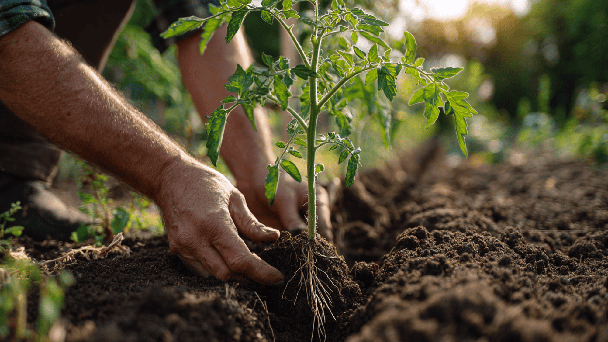deep planting method showing tomato plant buried stem for strong root growth