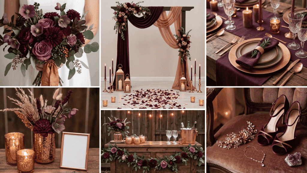 deep plum and copper wedding color scheme collage with rich tones candles and table decor