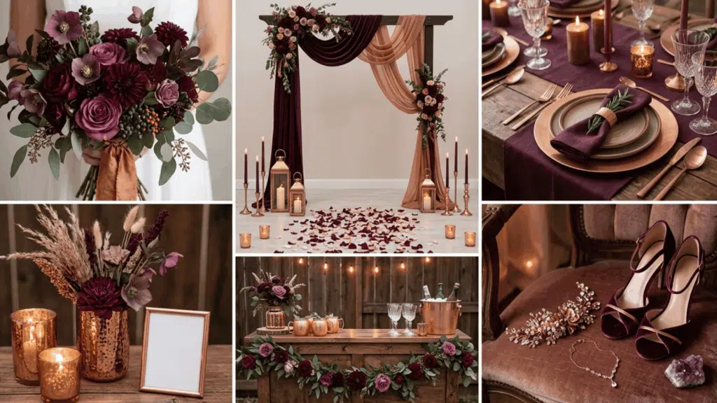 deep plum and copper wedding color scheme collage with rich tones candles and table decor