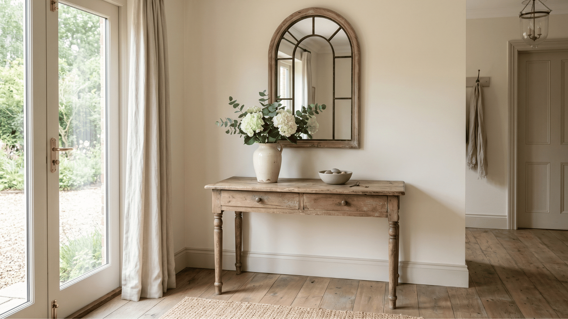 defines the entrance with a simple console table that keeps the space open and uncluttered