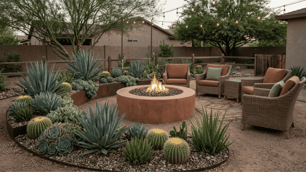 desert landscaping fire pit backyard succulents cactus xeriscape circular seating southwestern outdoor design