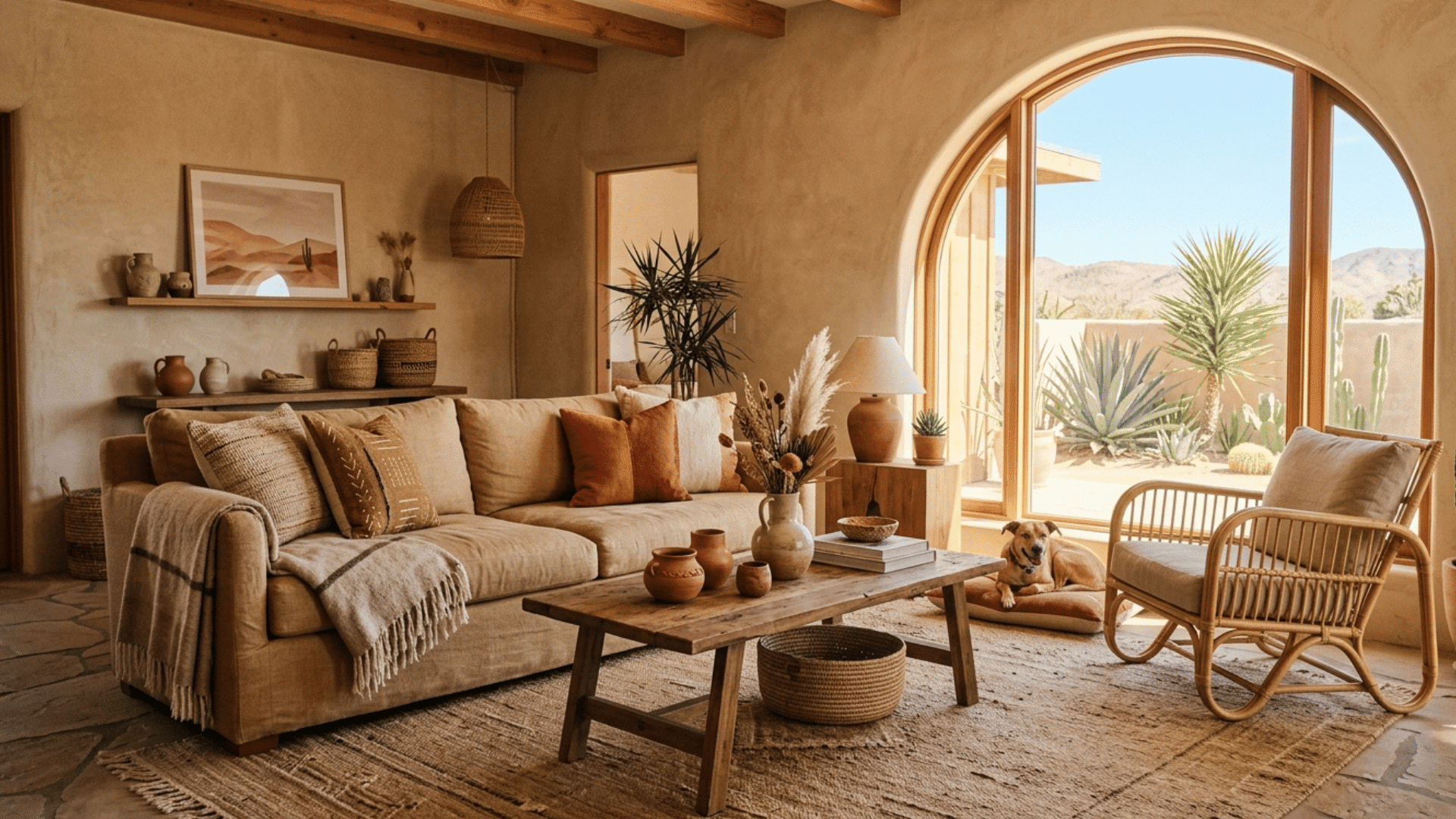 desert-style living room with earthy tones, natural textures, arched window, and cactus plants.