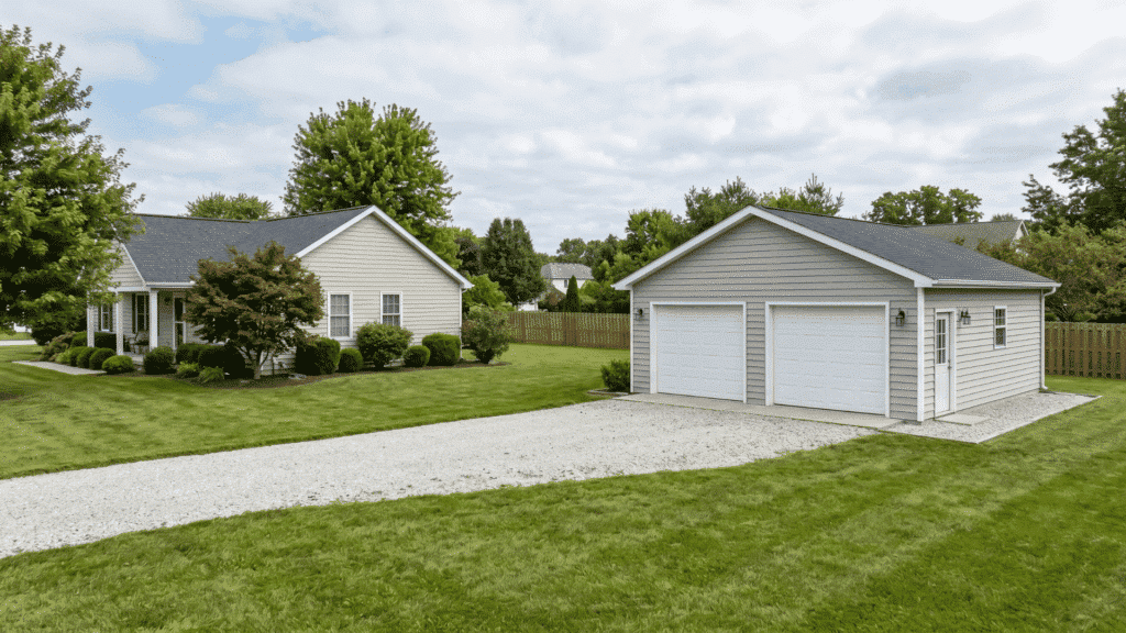 detached garage separate from house with open yard space and independent driveway access