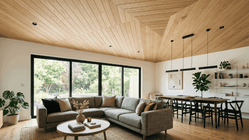 diagonal shiplap boards create a dynamic ceiling pattern that guides the eye and adds visual movement