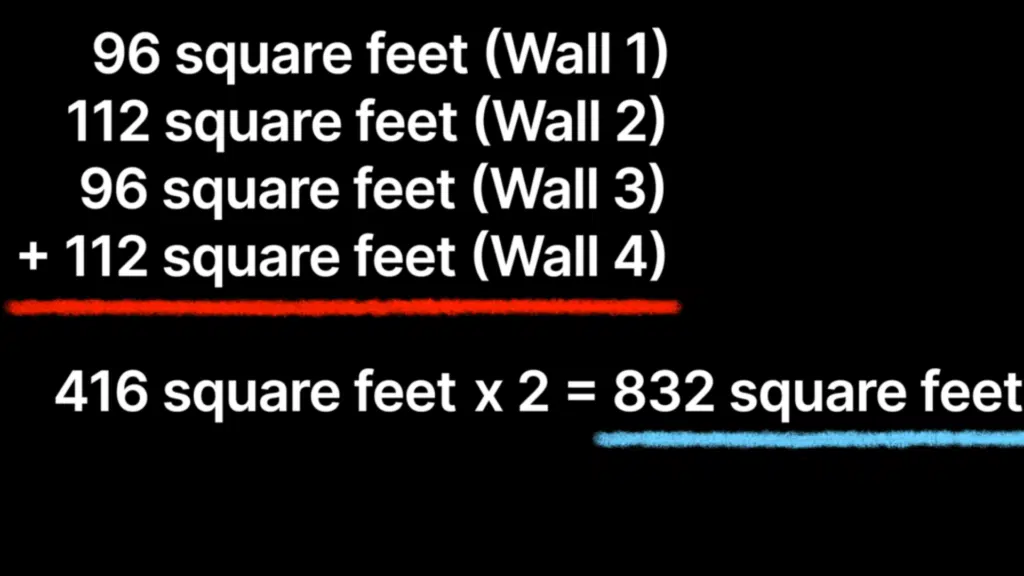 diagram showing wall measurements totaling square footage with calculations for paint coverage across four walls