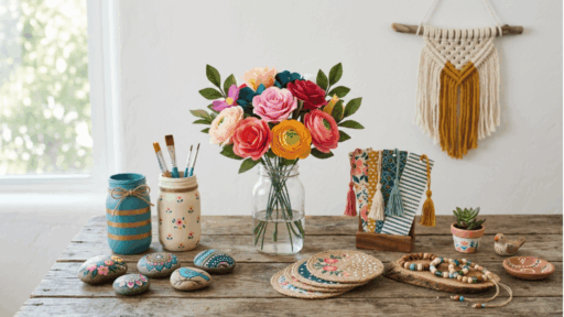 different easy crafts to do at home arranged together on table showing creative diy ideas with simple materials