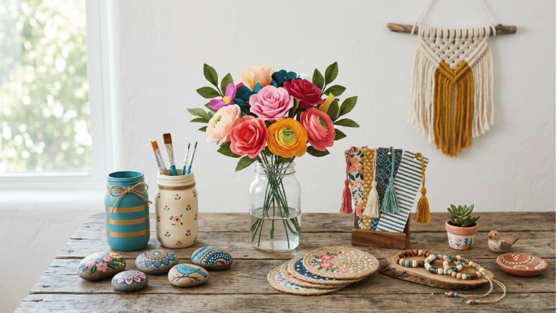 different easy crafts to do at home arranged together on table showing creative diy ideas with simple materials