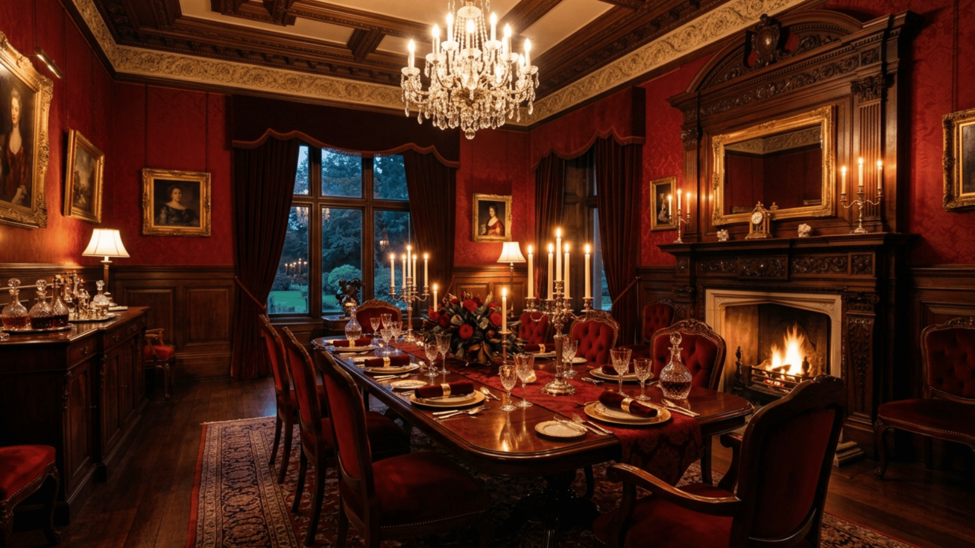 dining room with deep red walls mahogany furniture and candlelight