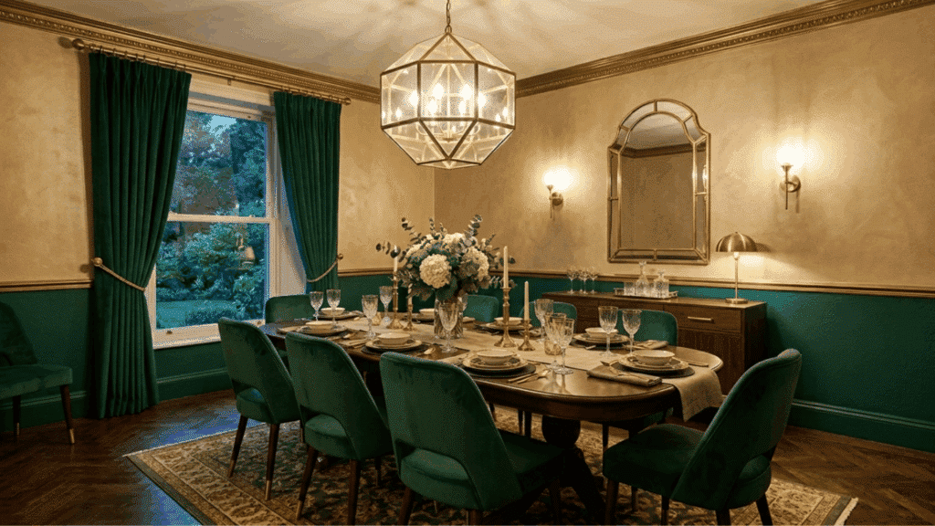 dining room with emerald green lower wall and gold beige upper wall styled with brass accents and warm lighting