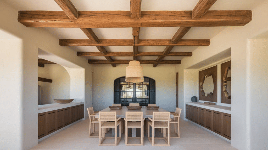 dining room with exposed wood beam ceiling, long table, woven chairs, and built in wood cabinetry