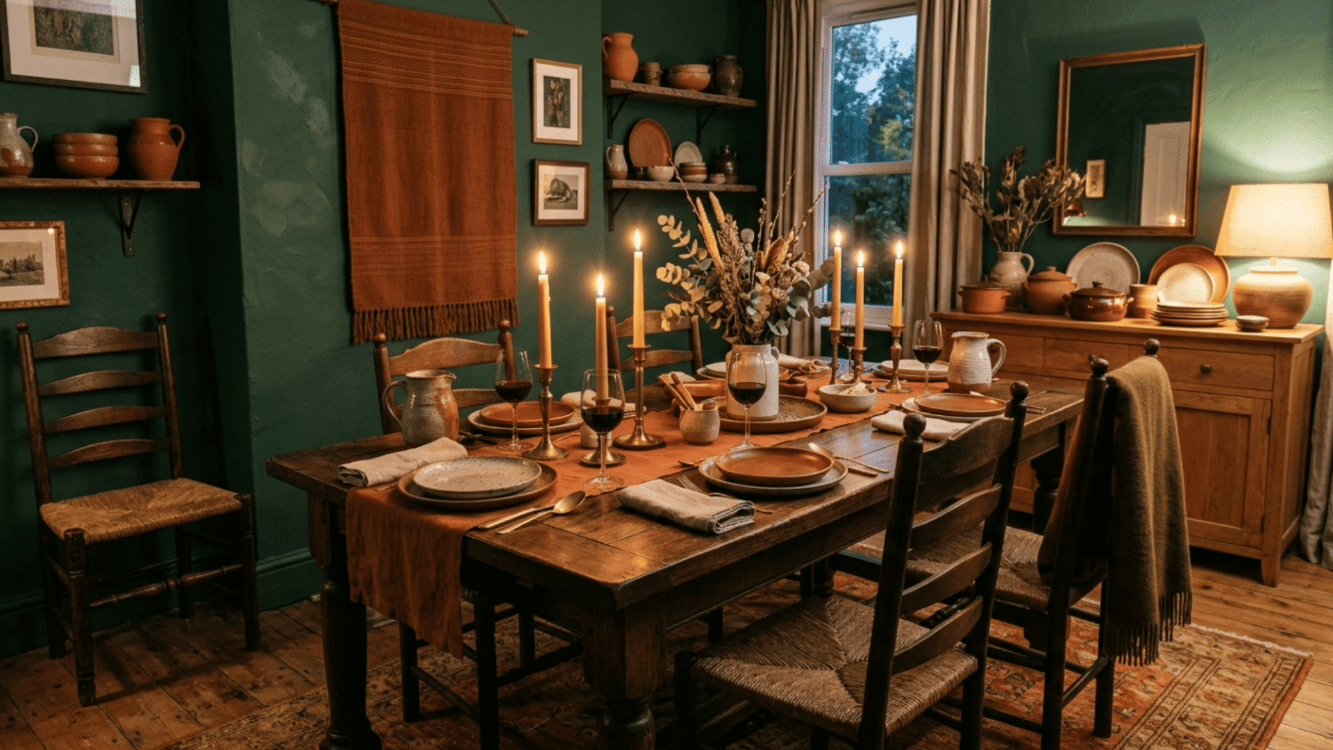 dining room with green walls burnt sienna accents and candles