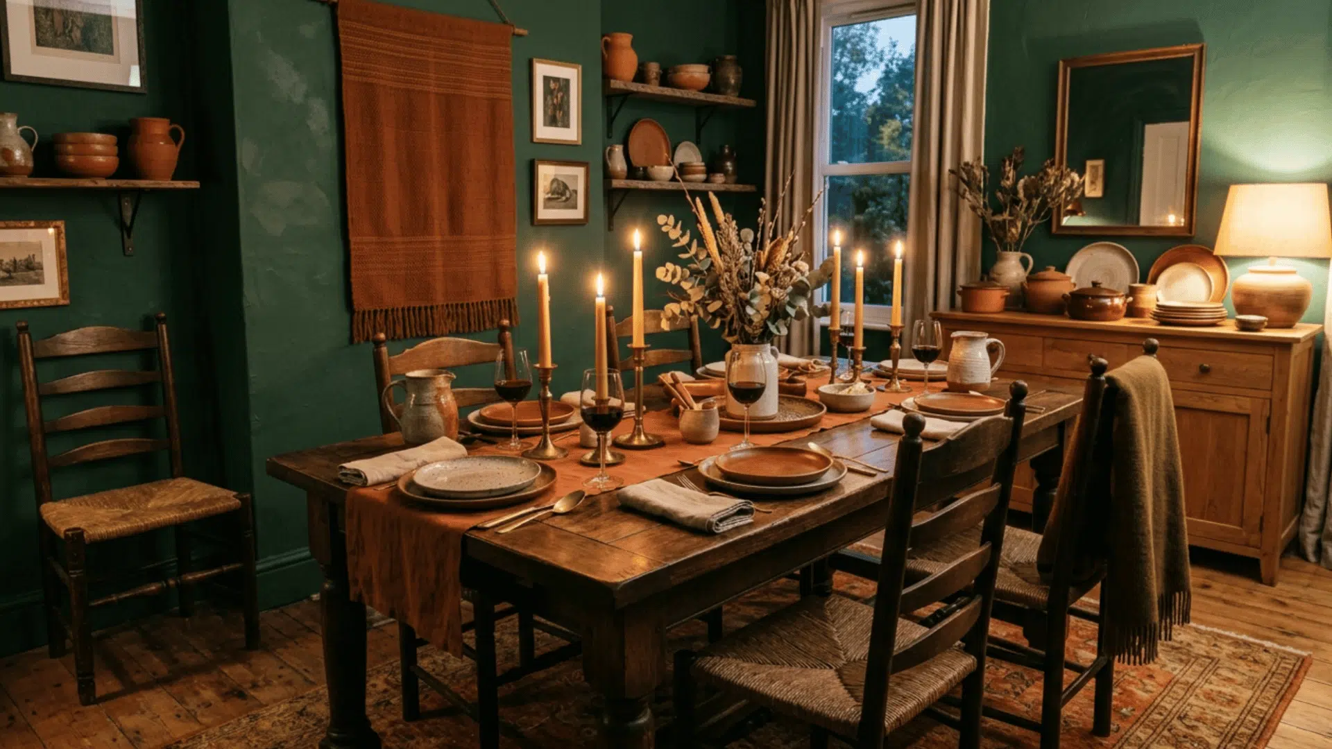 dining room with green walls burnt sienna accents and candles