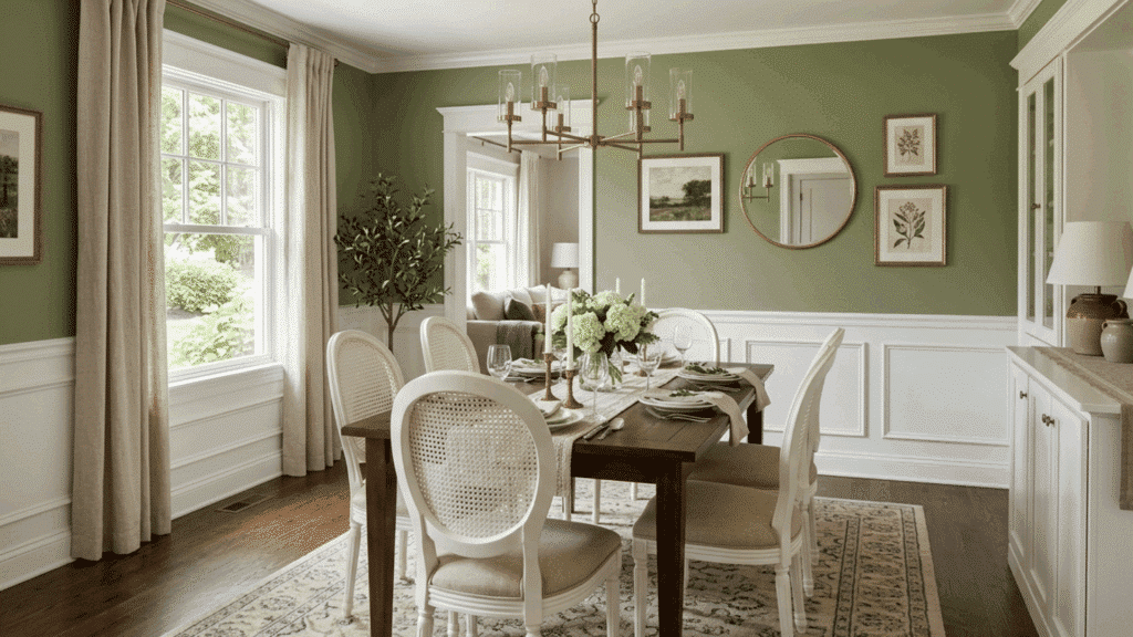 dining room with two-tone walls separated by a white chair rail molding for a classic and polished finish