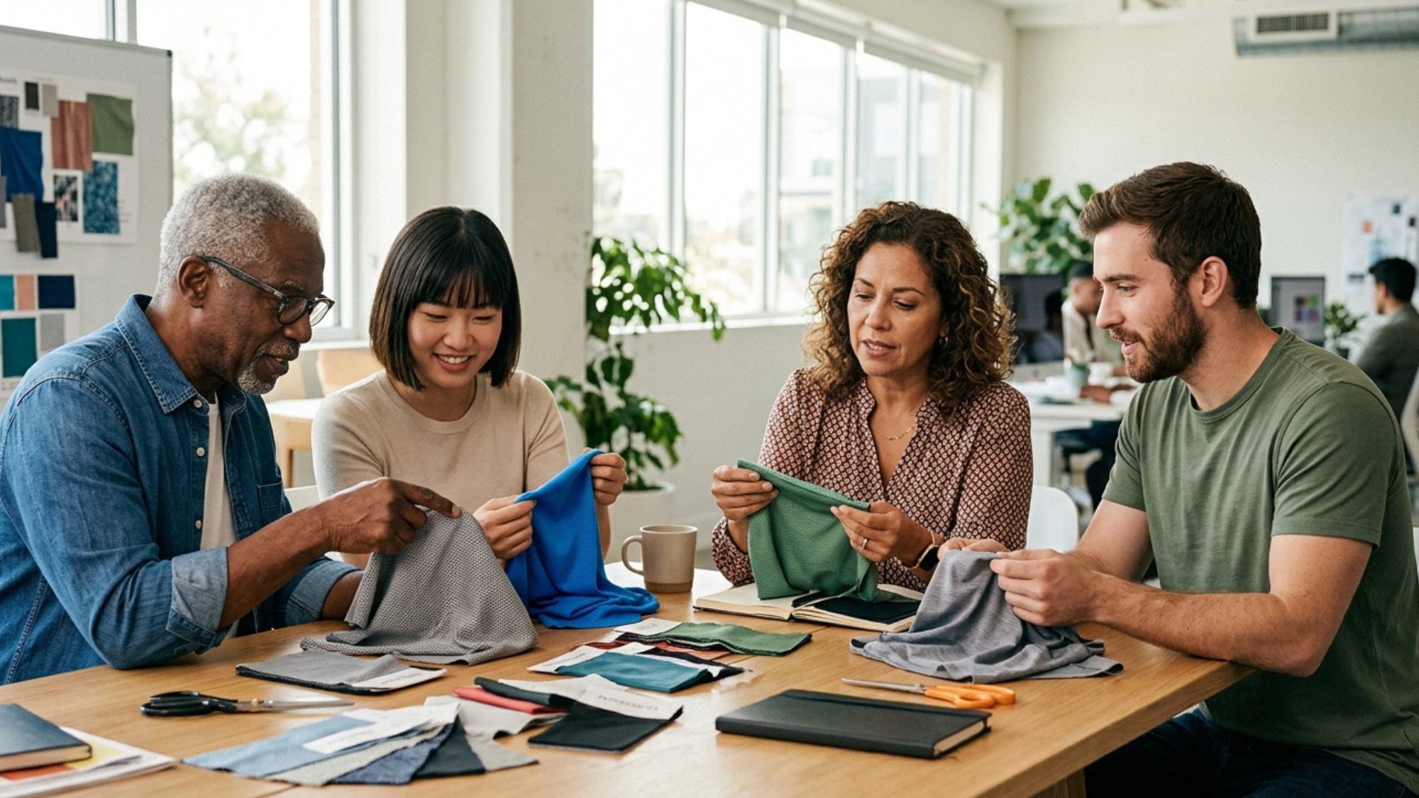 diverse group of people examining and discussing fabric samples around a table in a bright workspace