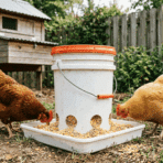 diy chicken feeder made from a bucket attached to a tray placed in a backyard setting with two chickens