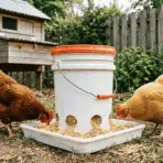 diy chicken feeder made from a bucket attached to a tray placed in a backyard setting with two chickens