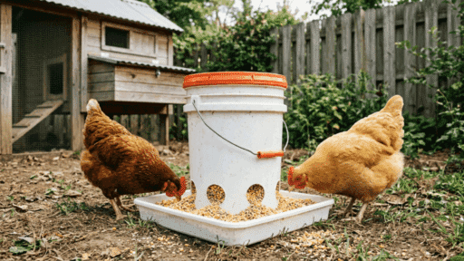 diy chicken feeder made from a bucket attached to a tray placed in a backyard setting with two chickens