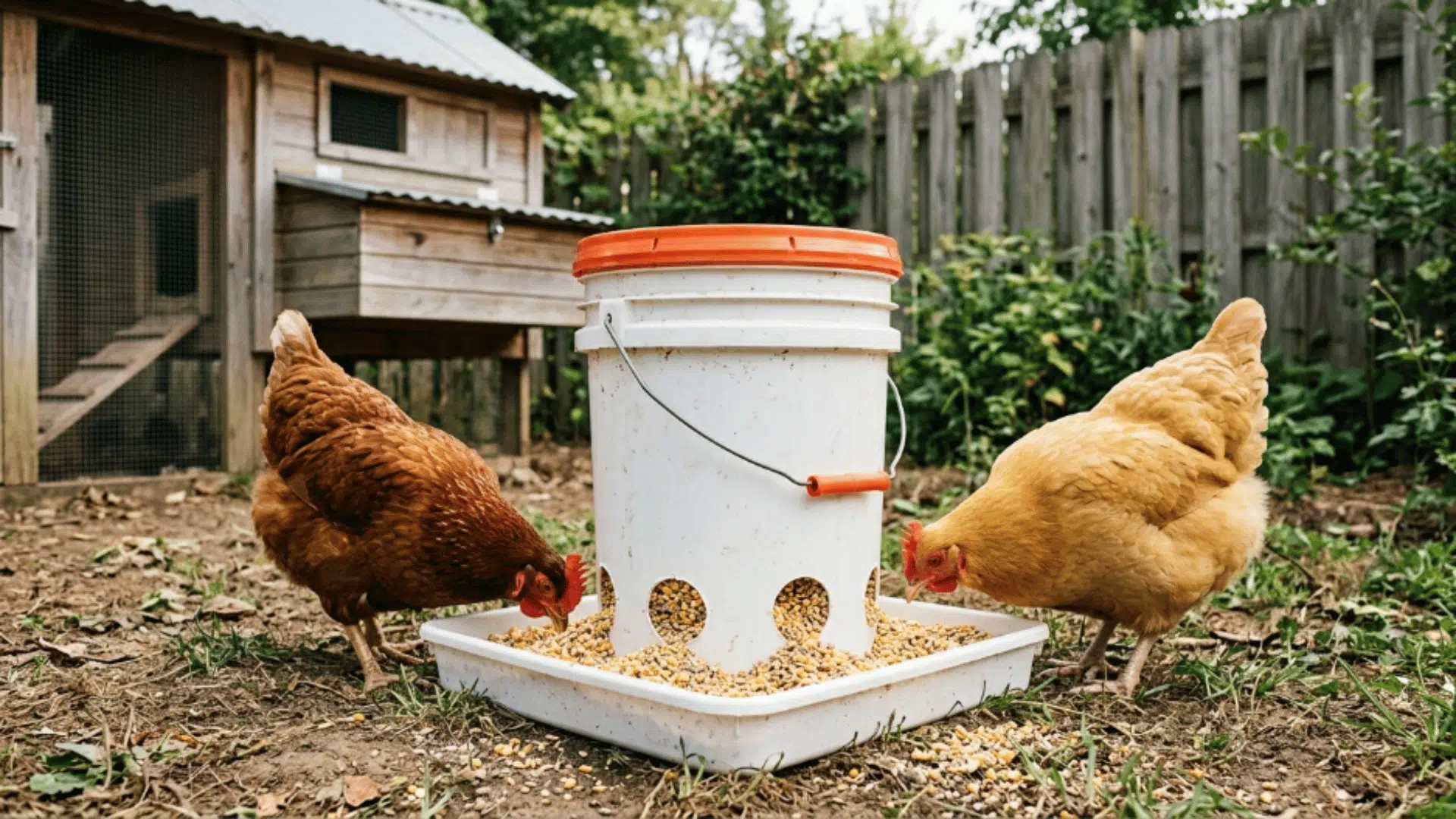 diy chicken feeder made from a bucket attached to a tray placed in a backyard setting with two chickens