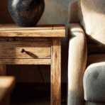 diy end table with a single drawer placed beside a couch in a warm living room with natural side lighting