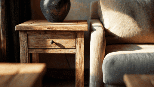 diy end table with a single drawer placed beside a couch in a warm living room with natural side lighting