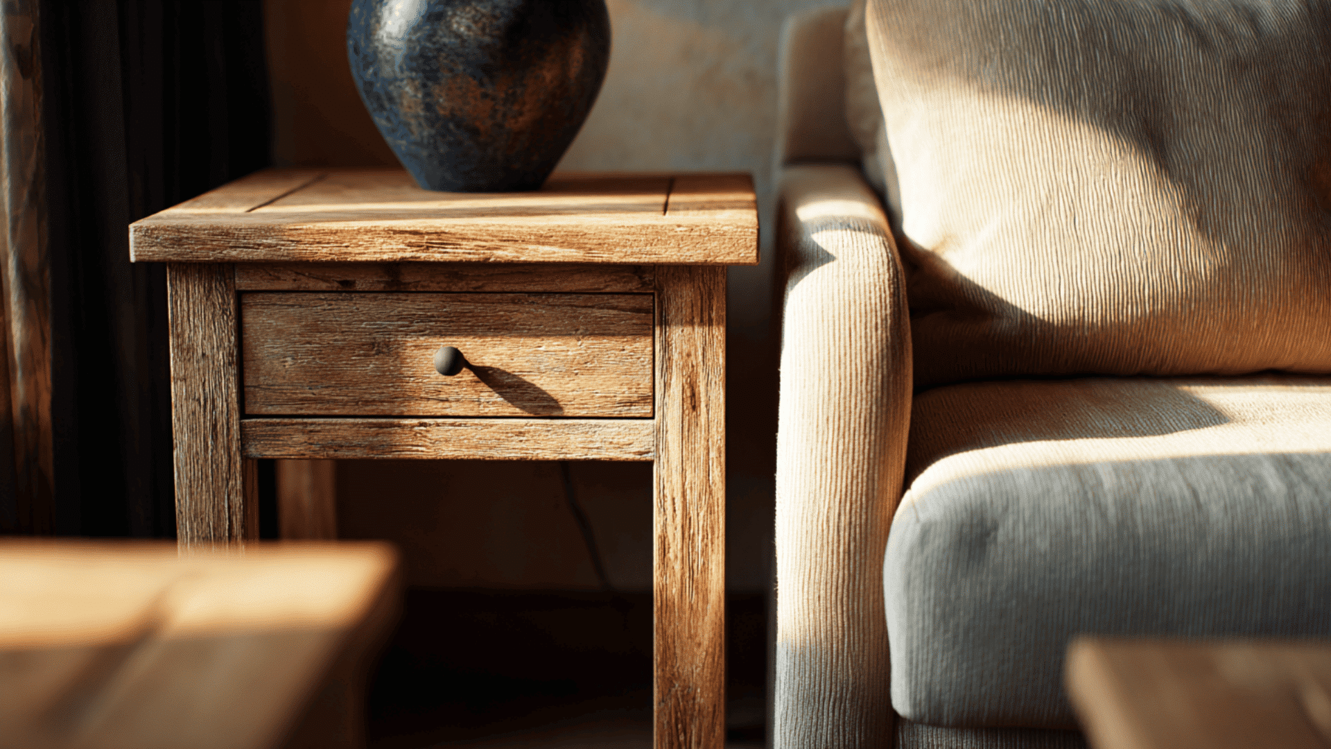 diy end table with a single drawer placed beside a couch in a warm living room with natural side lighting