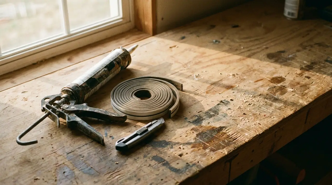 Caulk gun, weatherstripping, and utility knife on wooden workbench near window