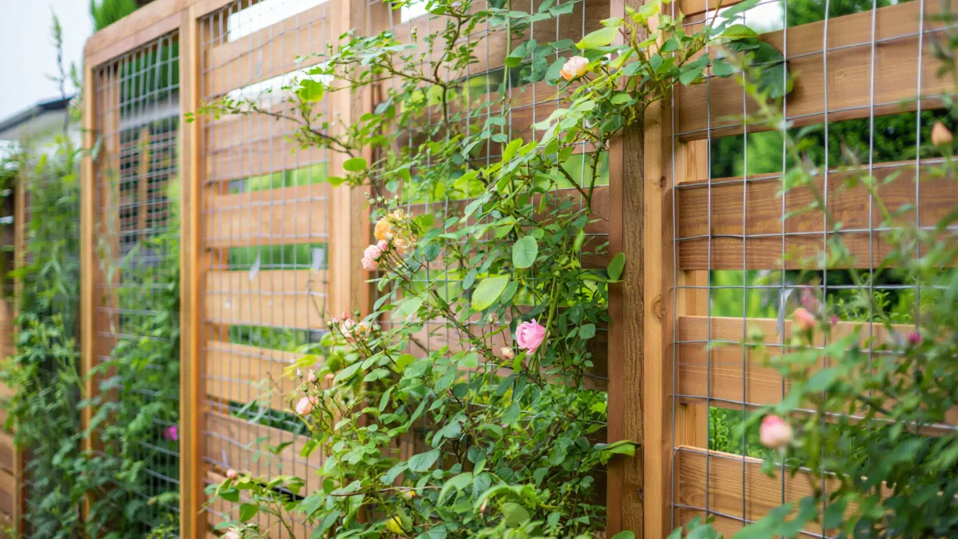 diy hog wire garden trellis fence with wooden posts and wire panels supporting climbing roses and green vines in a backyard garden