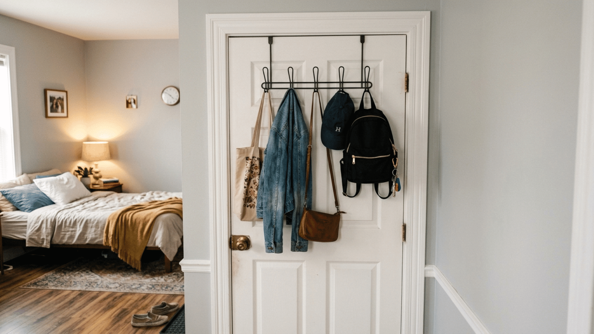 door with hooks holding bags, jacket and accessories, practical storage solution in a cozy bedroom setting