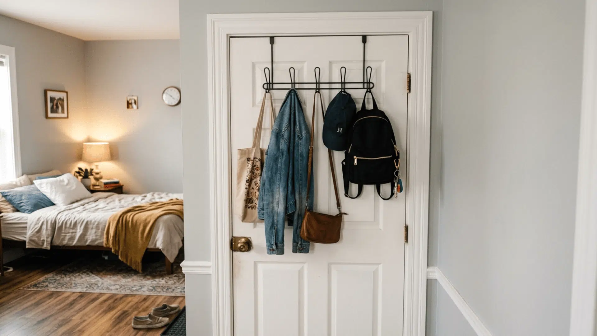 door with hooks holding bags, jacket and accessories, practical storage solution in a cozy bedroom setting