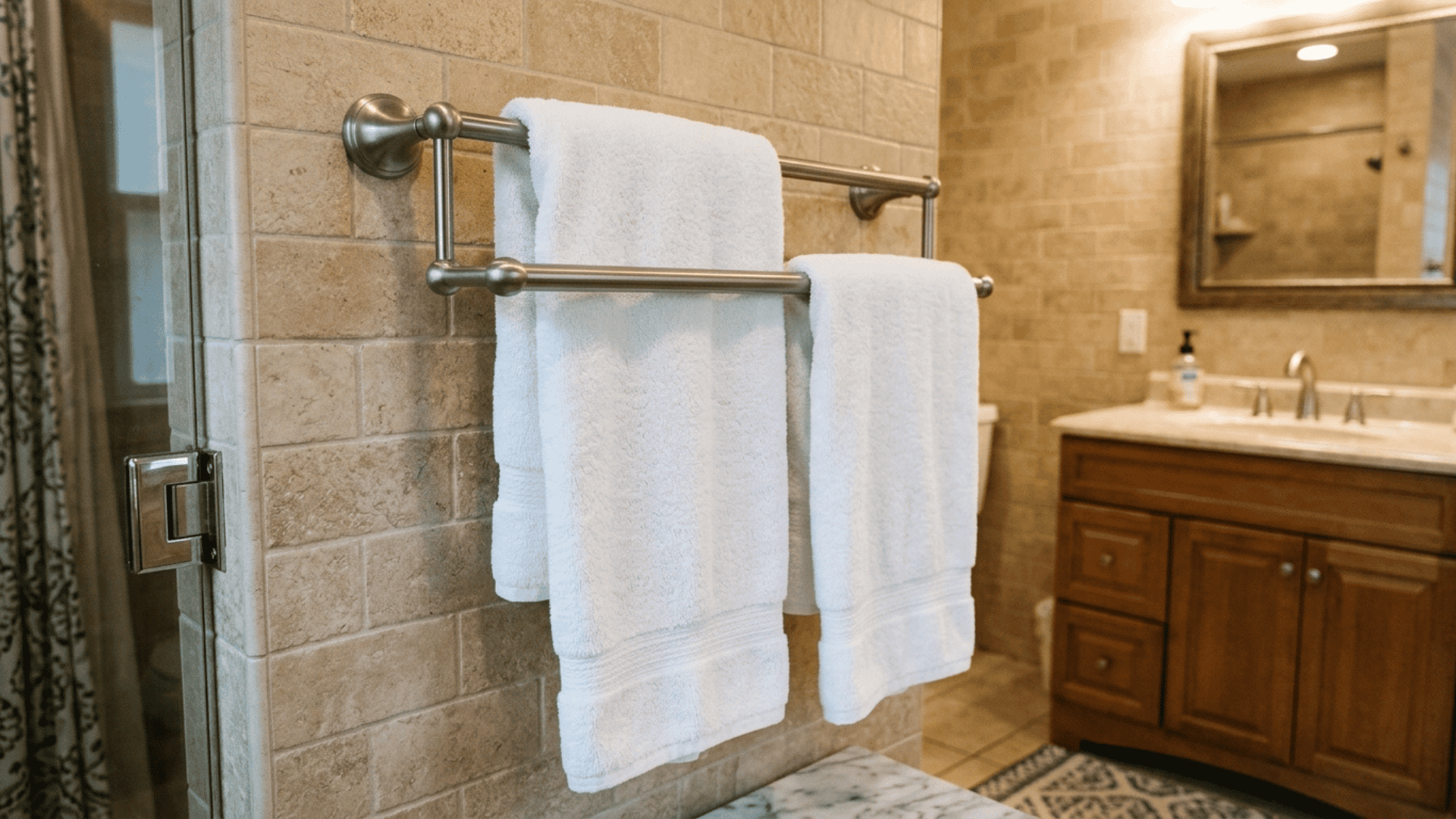 double towel bar mounted on a beige wall with two white towels hanging on separate bars in a shared bathroom