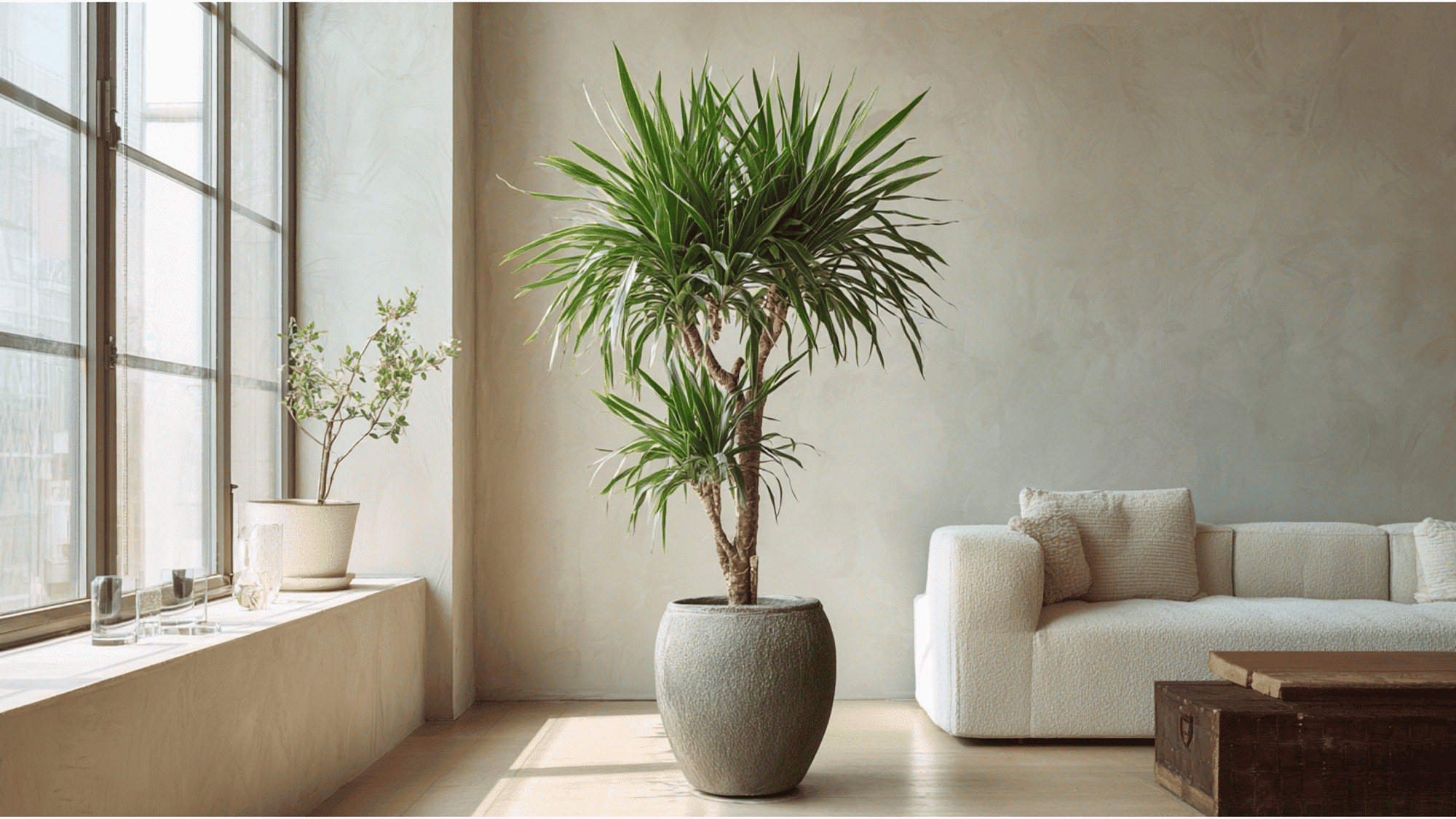 Dracaena Tarzan dragon tree with thick spiky leaves indoors