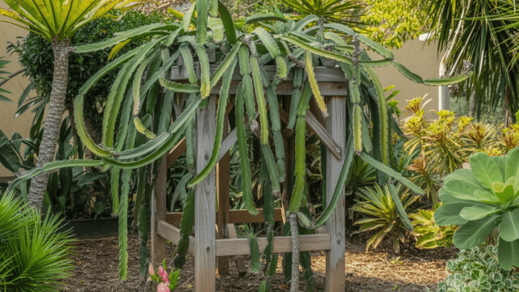 dragon fruit climbing cactus draping over wooden trellis in lush outdoor garden setting