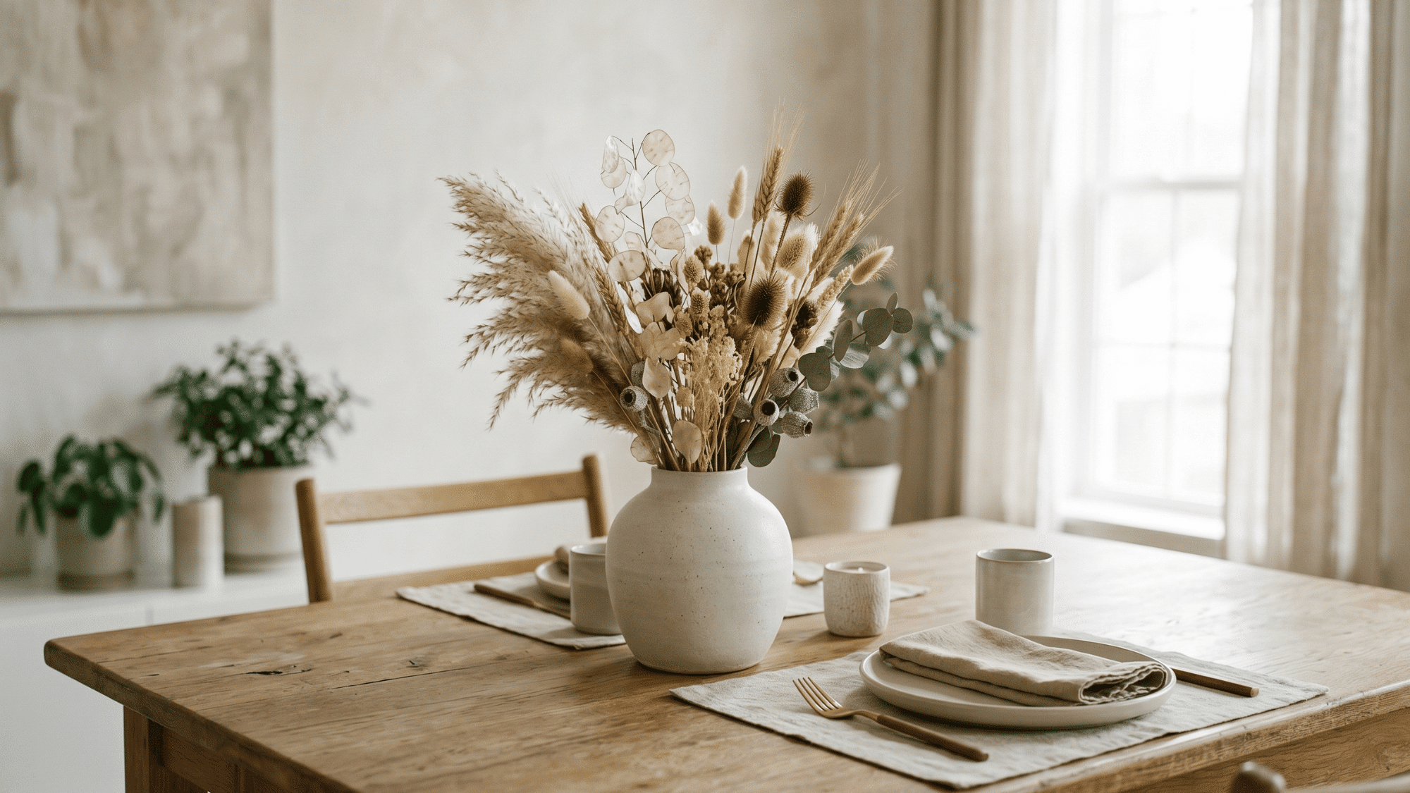 dried flowers in a vase creating a low maintenance dining table centerpiece