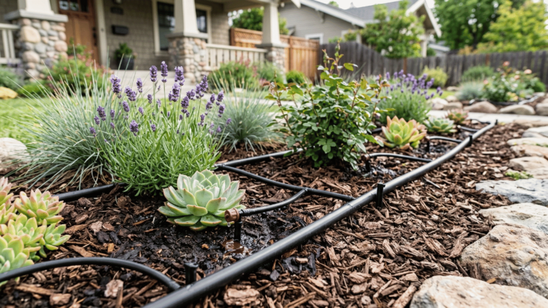 drip irrigation system watering mulch bed with lavender and succulents in a front yard, showing efficient low-maintenance landscaping setup