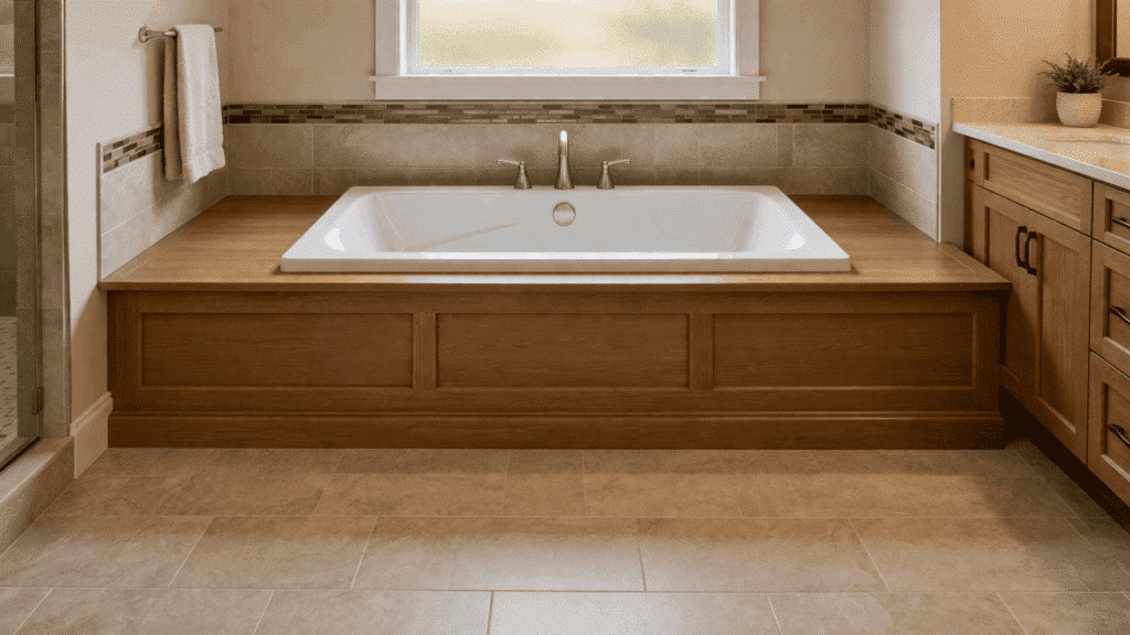 drop in bathtub installed inside a custom deck platform showing how the outer frame and inner bathing area differ in size