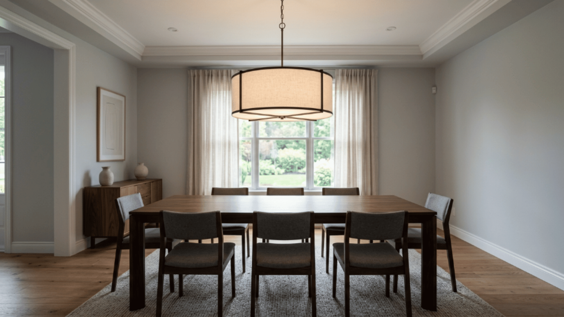 drum shade chandelier above dining table providing soft and even lightings