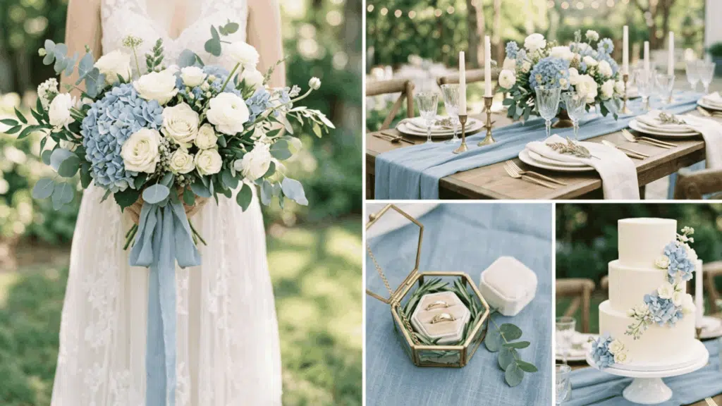 dusty blue and ivory wedding color scheme collage with soft fabrics florals and table decor